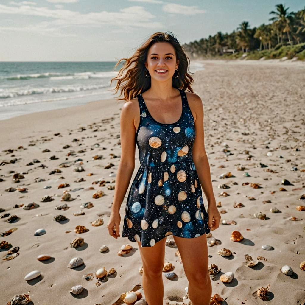 Woman in Galaxy Dress on Serene Beach