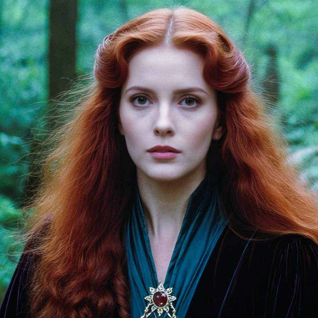 Mystical Woman with Red Hair in Forest