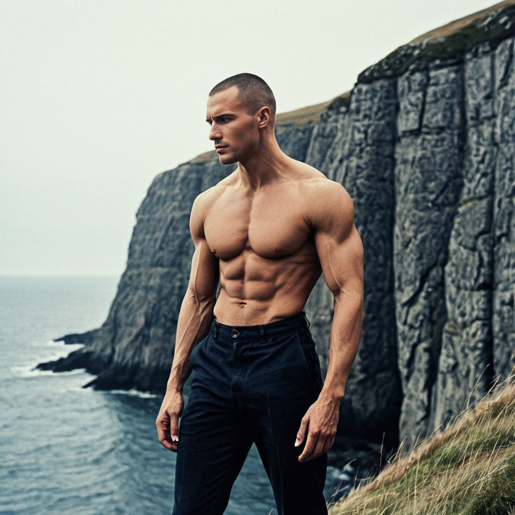 Muscular Man on Rugged Cliff Overlooking Ocean