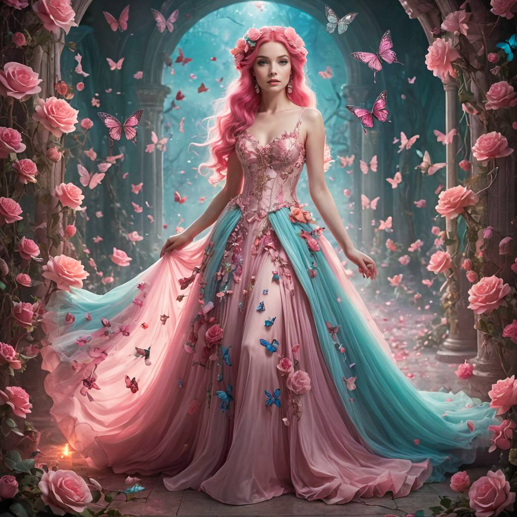 Woman with Pink Hair in Enchanting Garden