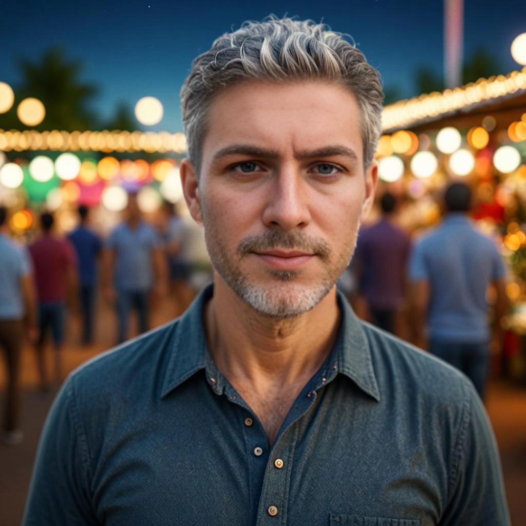 Confident Man with Silver Hair in Festive Market