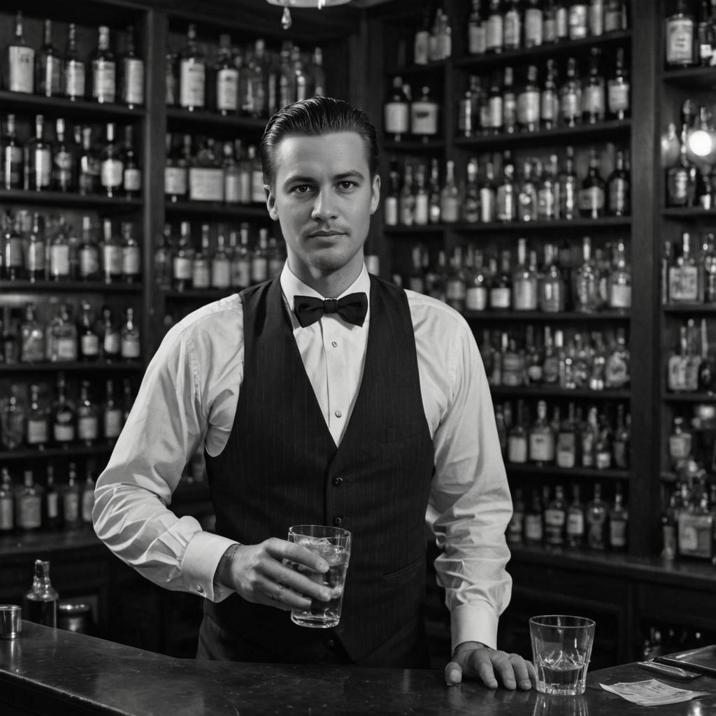 Black and White Portrait of a Man in Vest and Bow Tie at a Bar