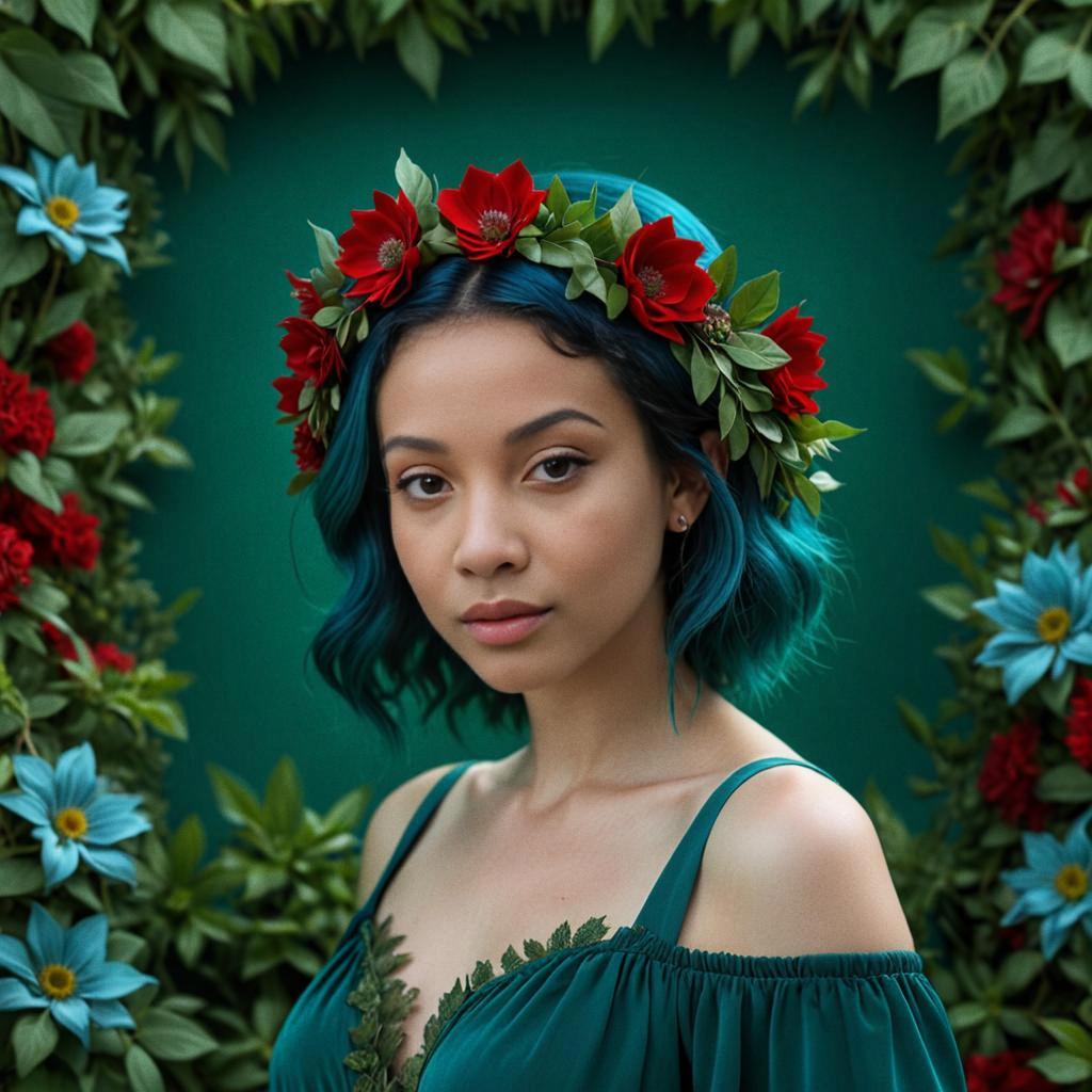 Young Woman with Blue Hair and Floral Crown