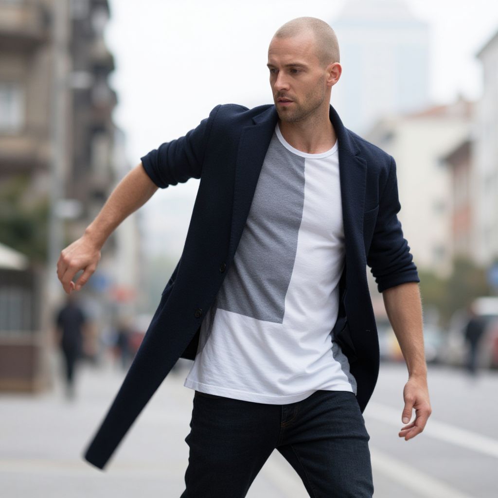 Stylish Man in Navy Coat and Color Block T-Shirt on Urban Street