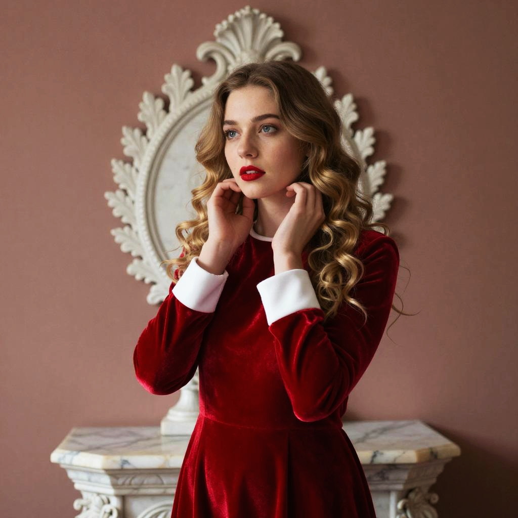 Elegant Woman in Vintage Red Velvet Dress with Ornate Mirror Background