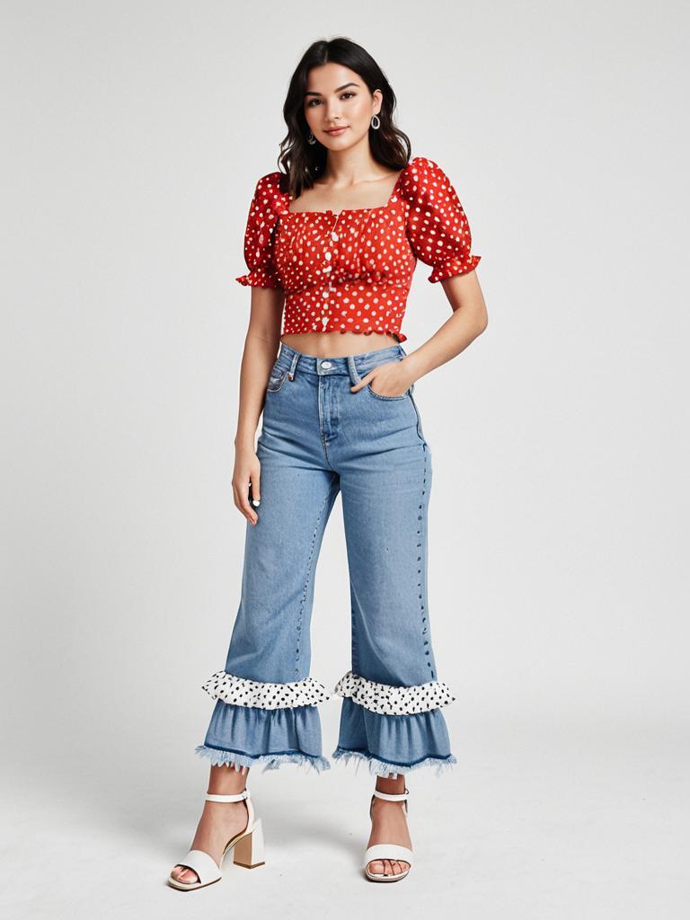 Woman Casual Street Style Red Crop Top with White Polka Dots and Ruffled Denim Jeans