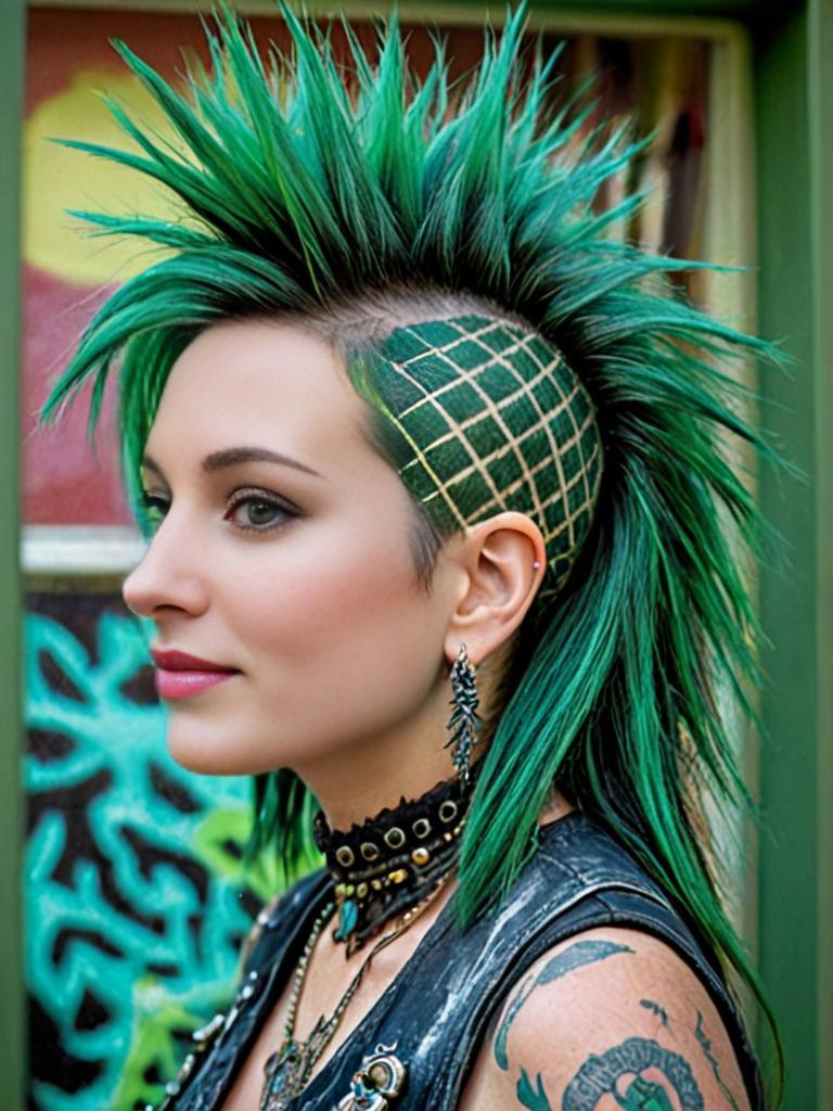 Stylish individual with green spiked hair and unique accessories