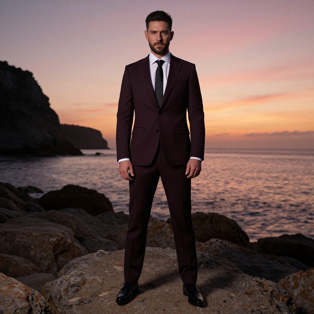 Man in Dark Suit Standing on Rocky Shore at Sunset