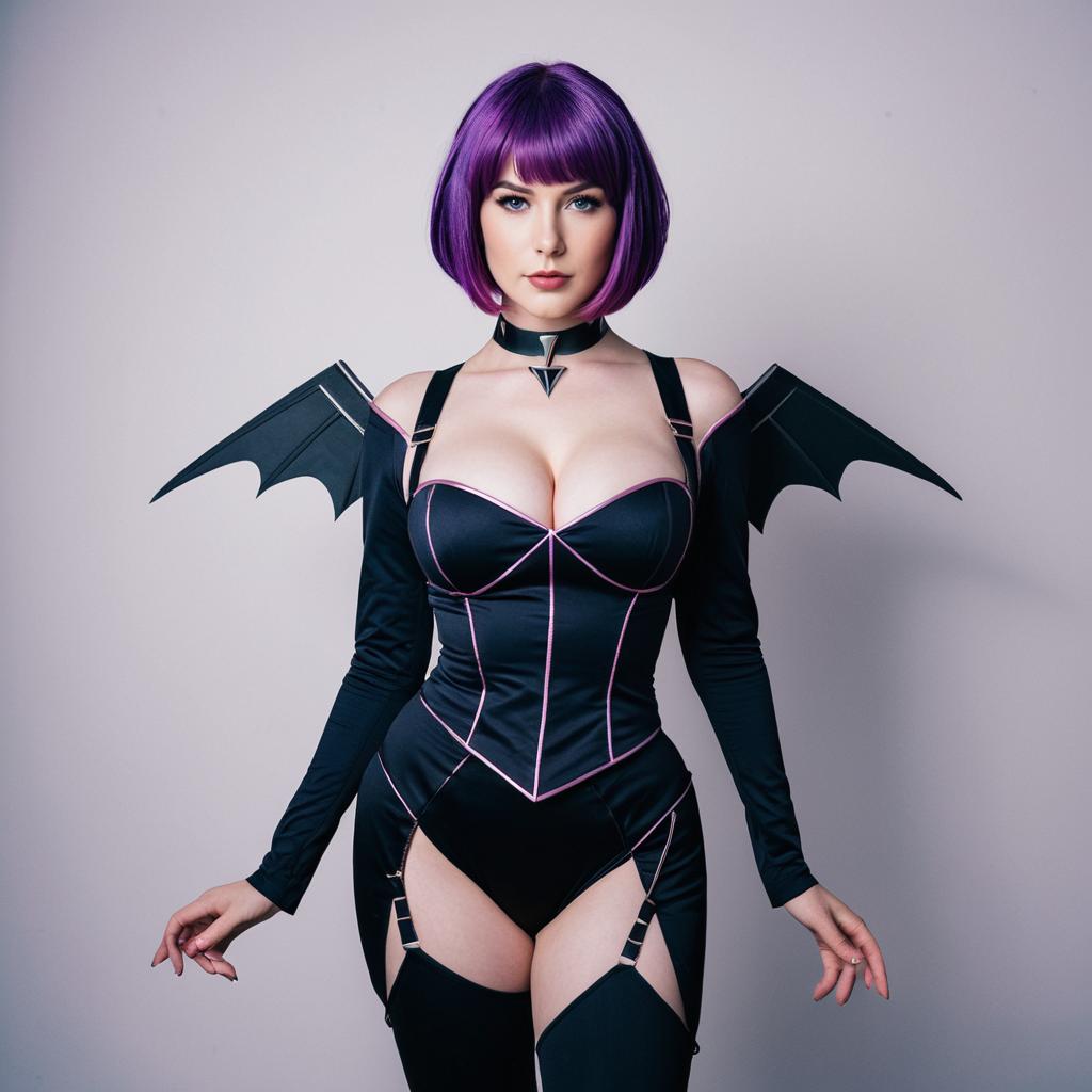 Cosplay Woman in Futuristic Bat Wing Costume with Purple Hair