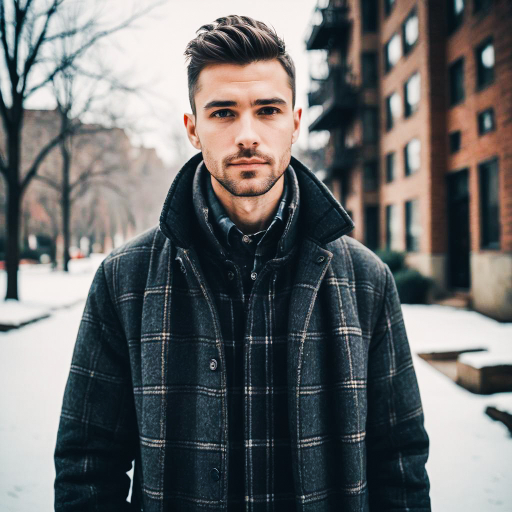 Stylish Man in Dark Plaid Coat on Snowy Street