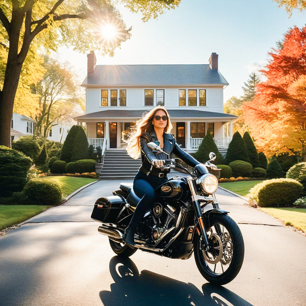 Confident Woman on Motorcycle in Autumn