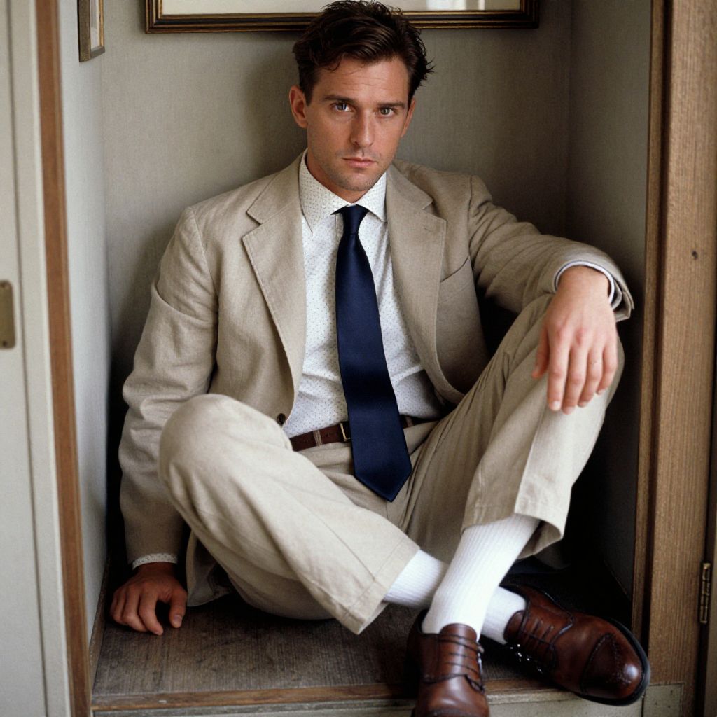 Young Man in Beige Suit Sitting Casually with Blue Tie
