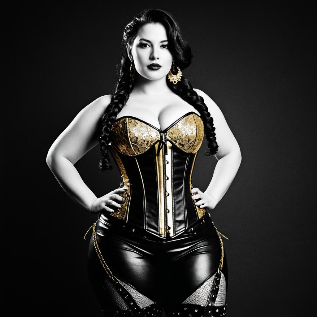 Confident Woman in Black and Gold Corset with Leather Pants