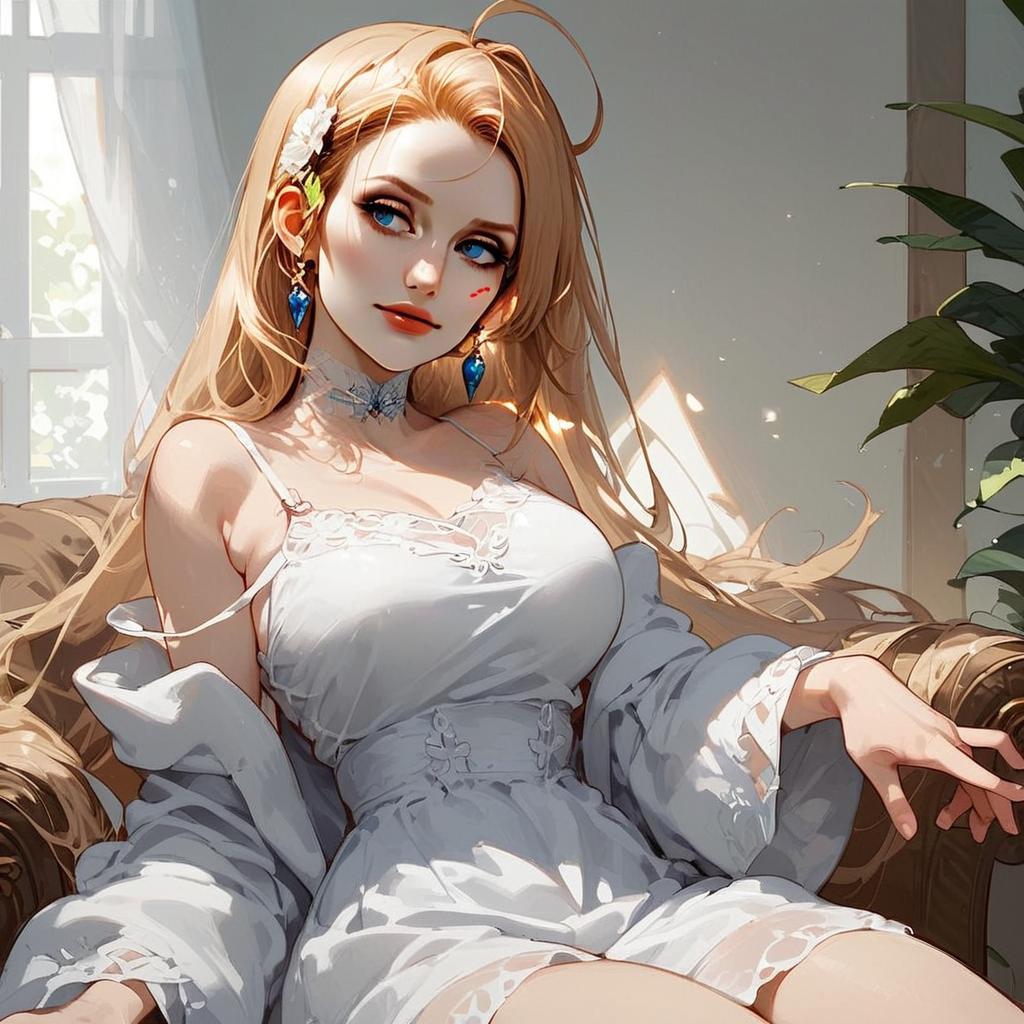 Elegant Blonde Anime Woman in White Lace Dress Sitting Indoors