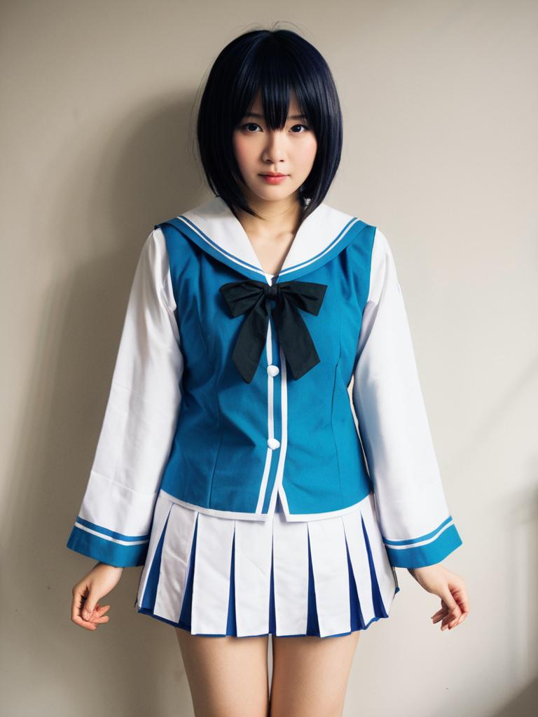 Realistic Shizuku Cosplay Woman in Blue Japanese School Uniform