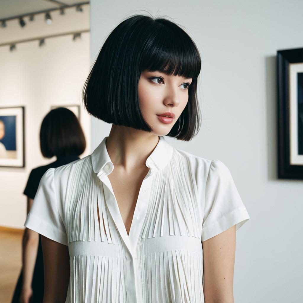 Elegant Woman with Black Bob Haircut in Art Gallery