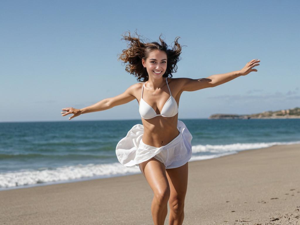 Joyful woman running on the beach