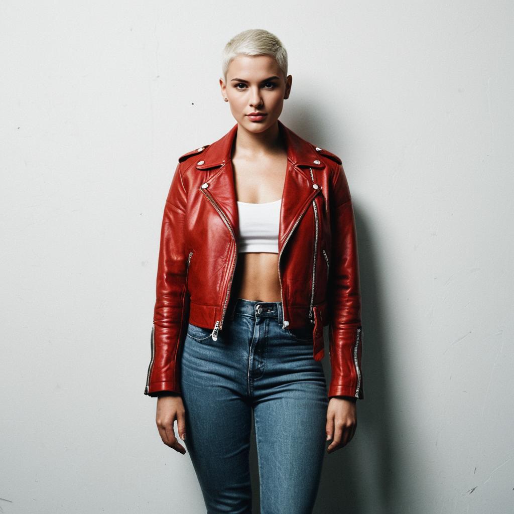 Young Woman in Red Leather Jacket and Blue Jeans Fashion Portrait