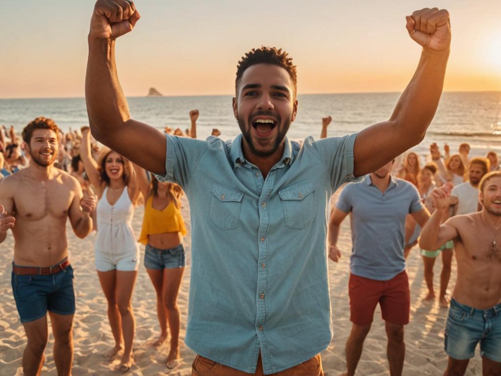 Man Celebrates Victory at Beach Sunset