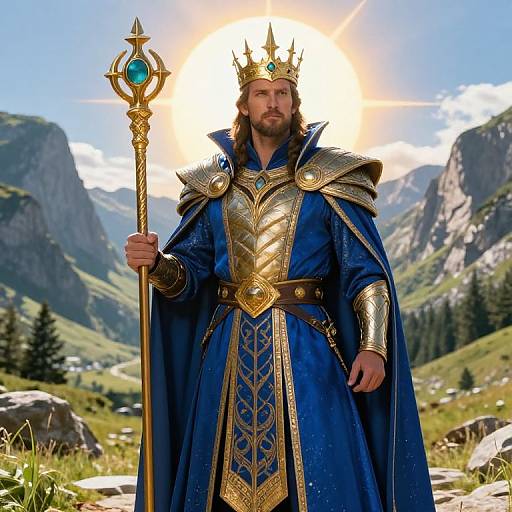 Medieval King in Blue and Gold Armor Standing in Mountain Landscape