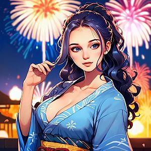Woman in Blue Kimono with Fireworks