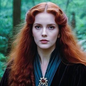 Mystical Woman with Red Hair in Forest