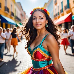 Young Woman in Vibrant Traditional Costume on Colorful Street