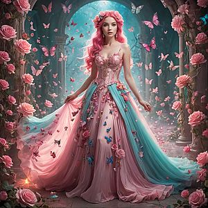 Woman with Pink Hair in Enchanting Garden