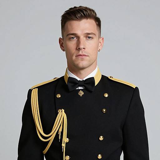 Young Man in Formal Military-Style Uniform with Gold Accents