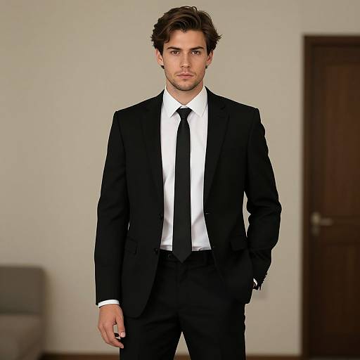 Young Man in Classic Black Suit and Tie Formal Portrait
