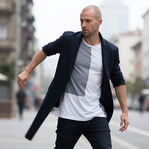 Stylish Man in Navy Coat and Color Block T-Shirt on Urban Street