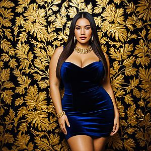 Confident Woman in Royal Blue Velvet Dress
