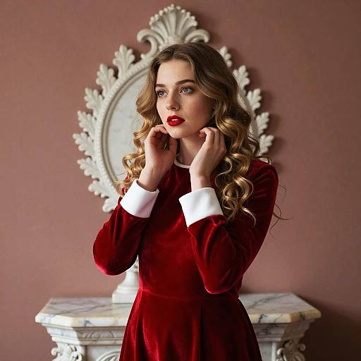 Elegant Woman in Vintage Red Velvet Dress with Ornate Mirror Background