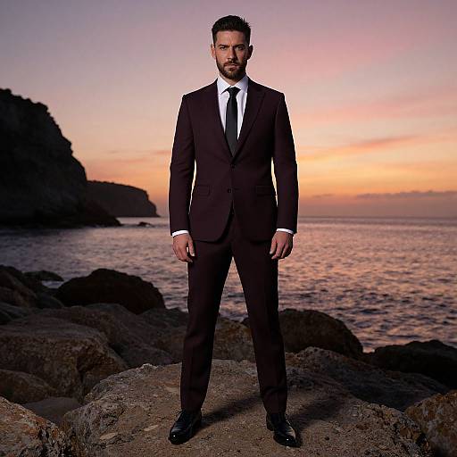 Man in Dark Suit Standing on Rocky Shore at Sunset