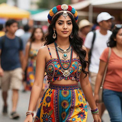 Woman in Colorful Festival Clothes with Floral Dress, Beaded Jewelry, and Headpiece