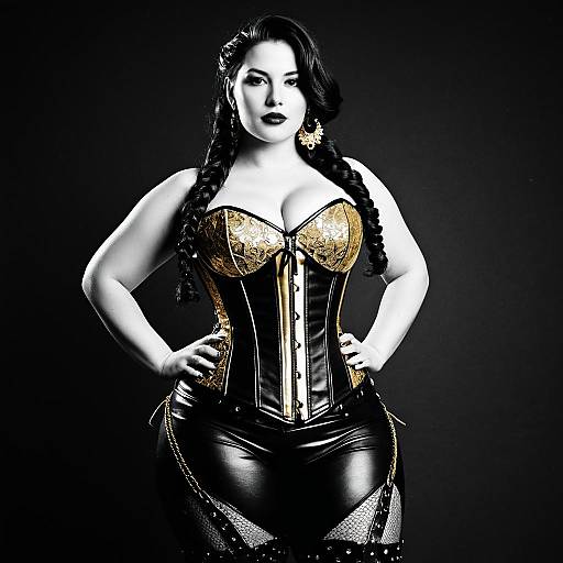 Confident Woman in Black and Gold Corset with Leather Pants