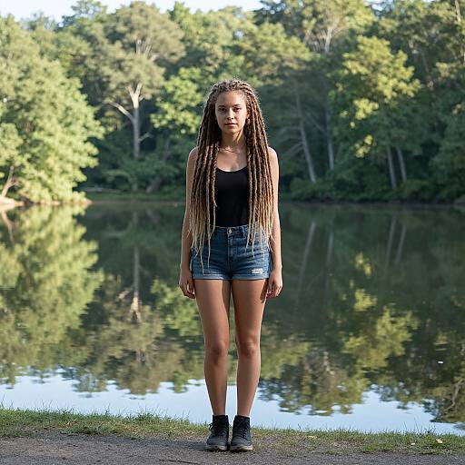 Young Woman with Long Dreadlocks Standing by Lake in Nature