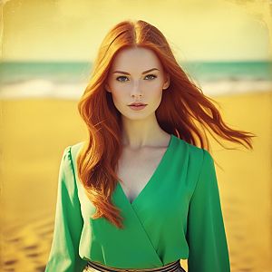 Portrait of Red-Haired Woman in Green Dress on Sandy Beach
