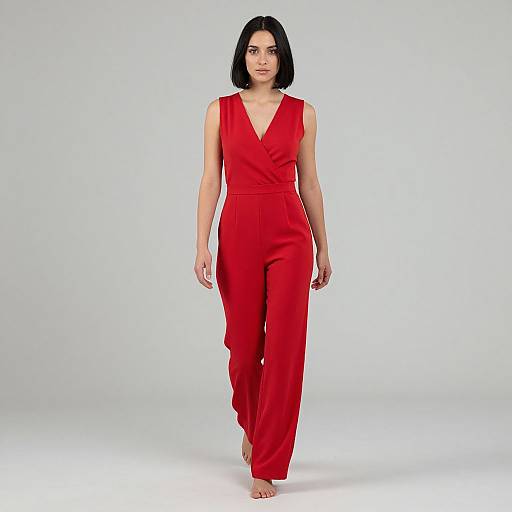 Woman in Red Sleeveless Jumpsuit Walking Barefoot in Studio
