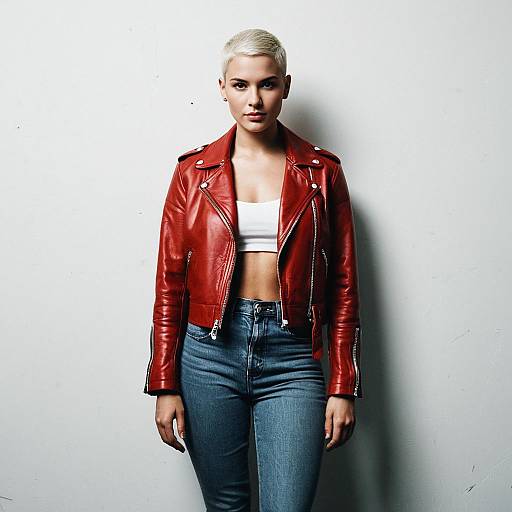 Young Woman in Red Leather Jacket and Blue Jeans Fashion Portrait