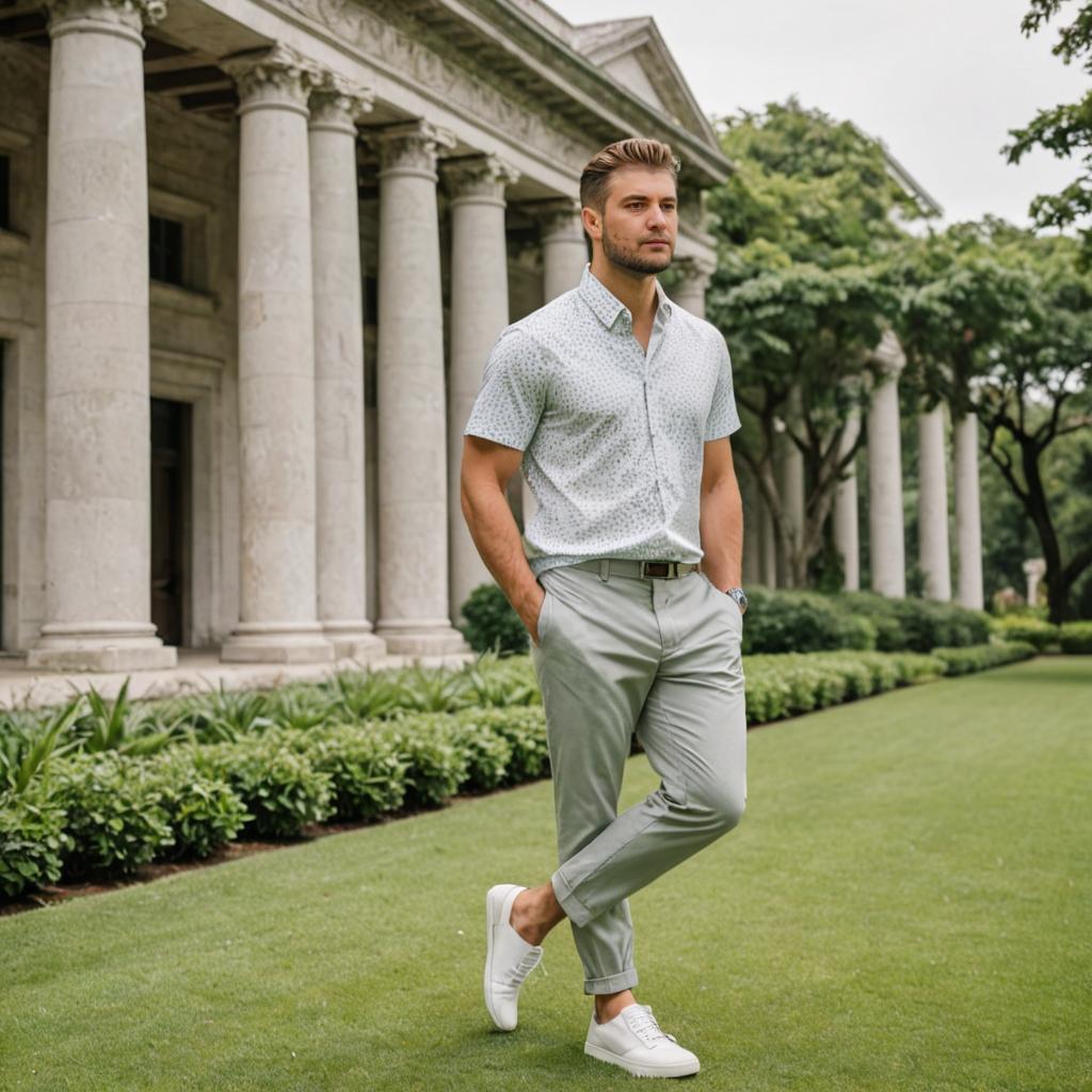 Confident Man in Smart-Casual Attire at Neoclassical Building