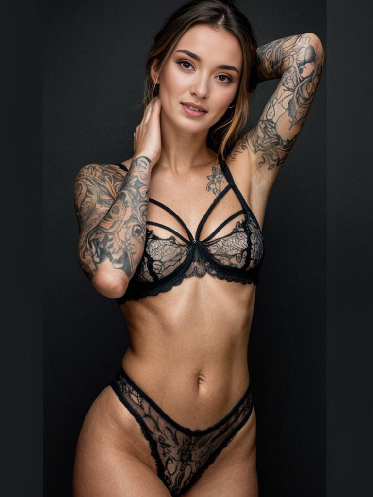 Seductive Woman in Black Lace Lingerie with Tattoos