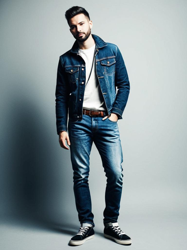 Man in Stylish Jeans Outfit with Denim Jacket Modern Fashion Photo