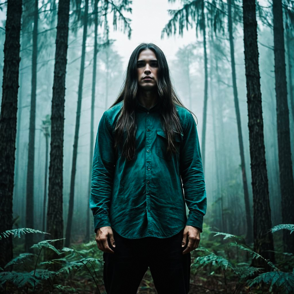 Man in Teal Shirt in Foggy Forest Man in Teal Shirt in Foggy Forest
