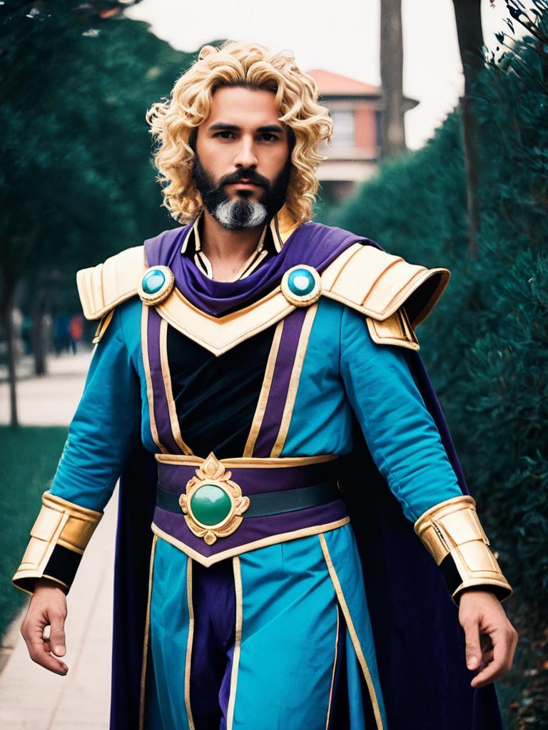 Man in Realistic Neptune Vasilias Cosplay Costume with Blue and Gold Armor