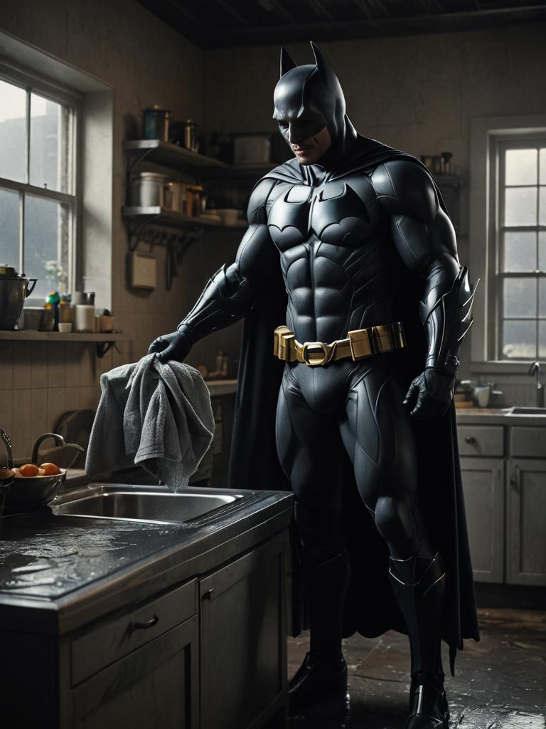 Batman Washing Clothes in Kitchen