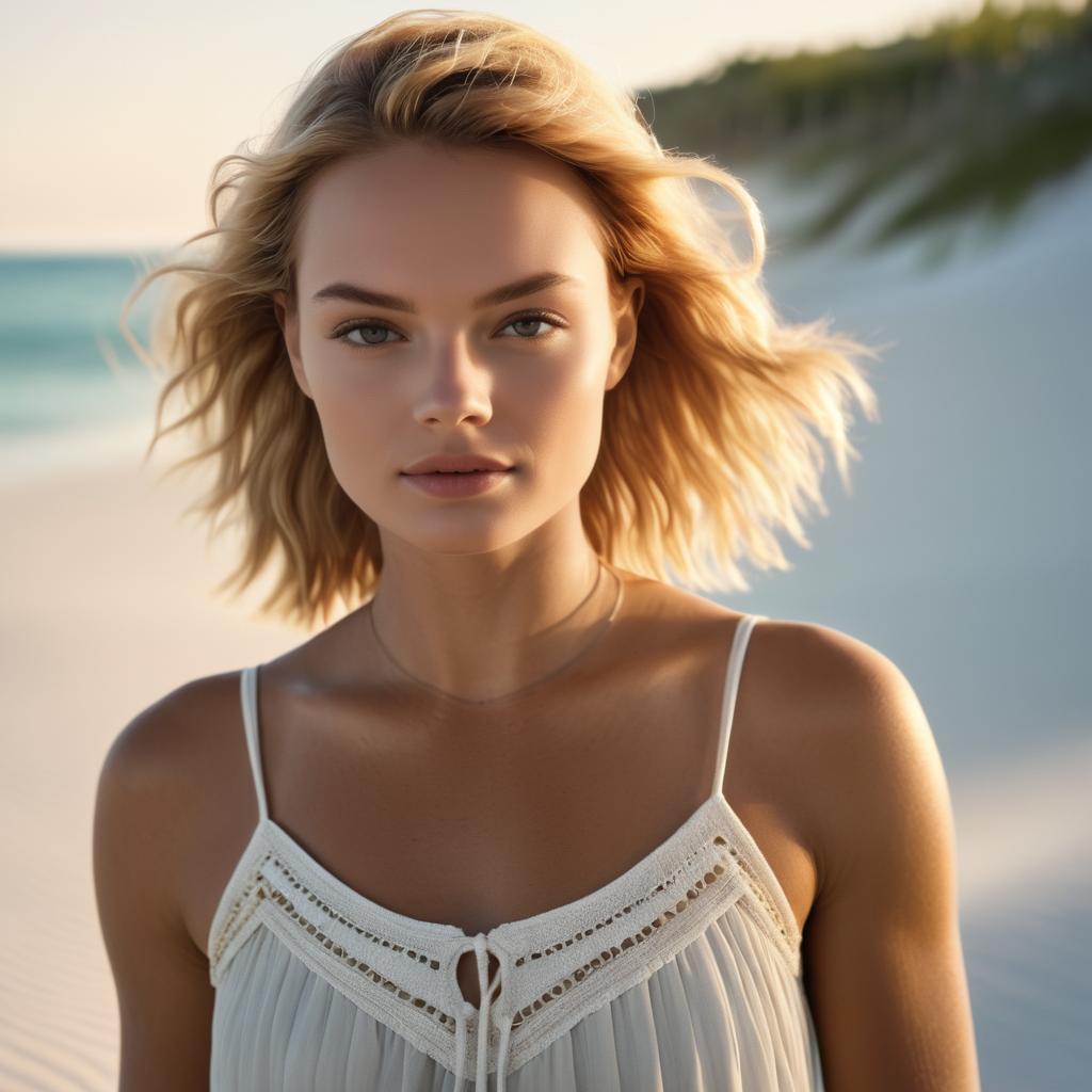 Close-up Portrait of a Woman with Blonde Hair at the Beach