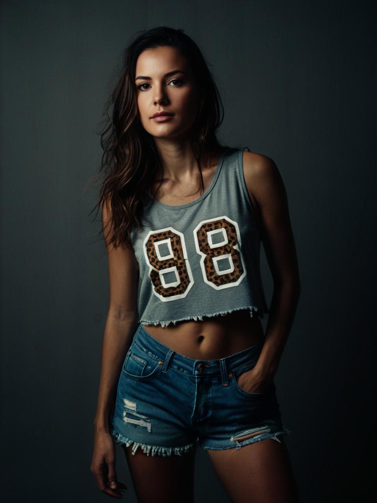 Woman in Casual Sleeveless Cropped Tank Top with Leopard Print and Denim Shorts