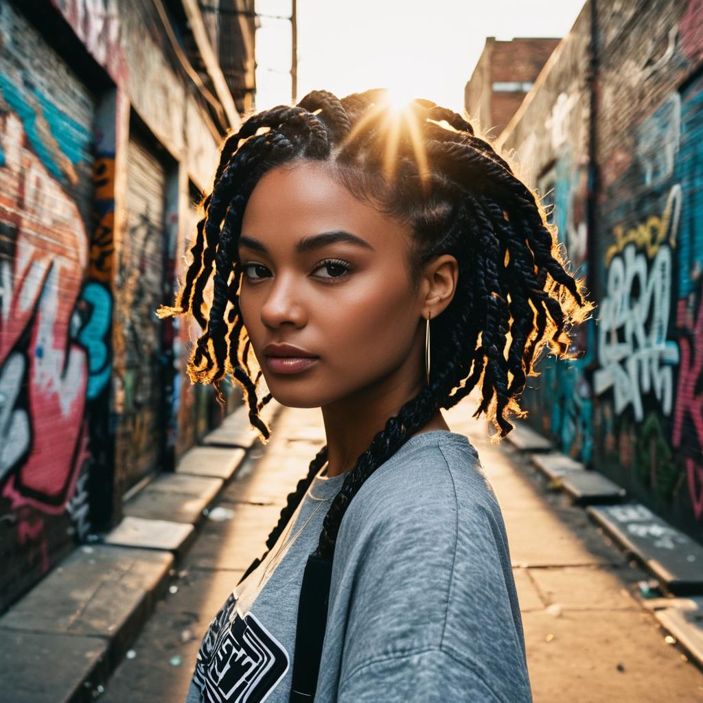 Confident Young Woman with Braids in Vibrant Urban Alleyway at Sunset