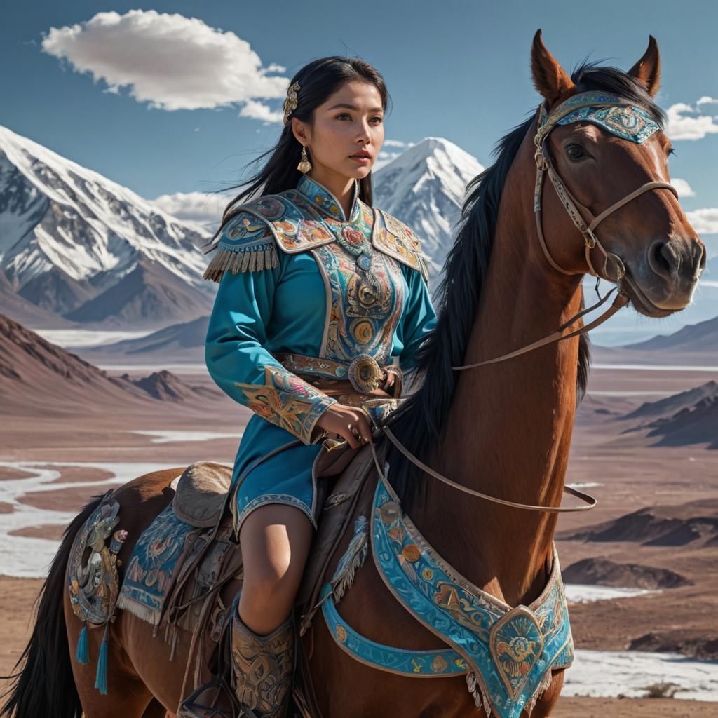 Asian Woman in Traditional Attire with Eagle on Horse